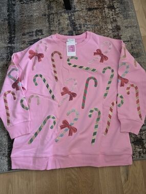 Holiday Pink Candy Cane Sequin Crewneck Sweatshirt-NWT